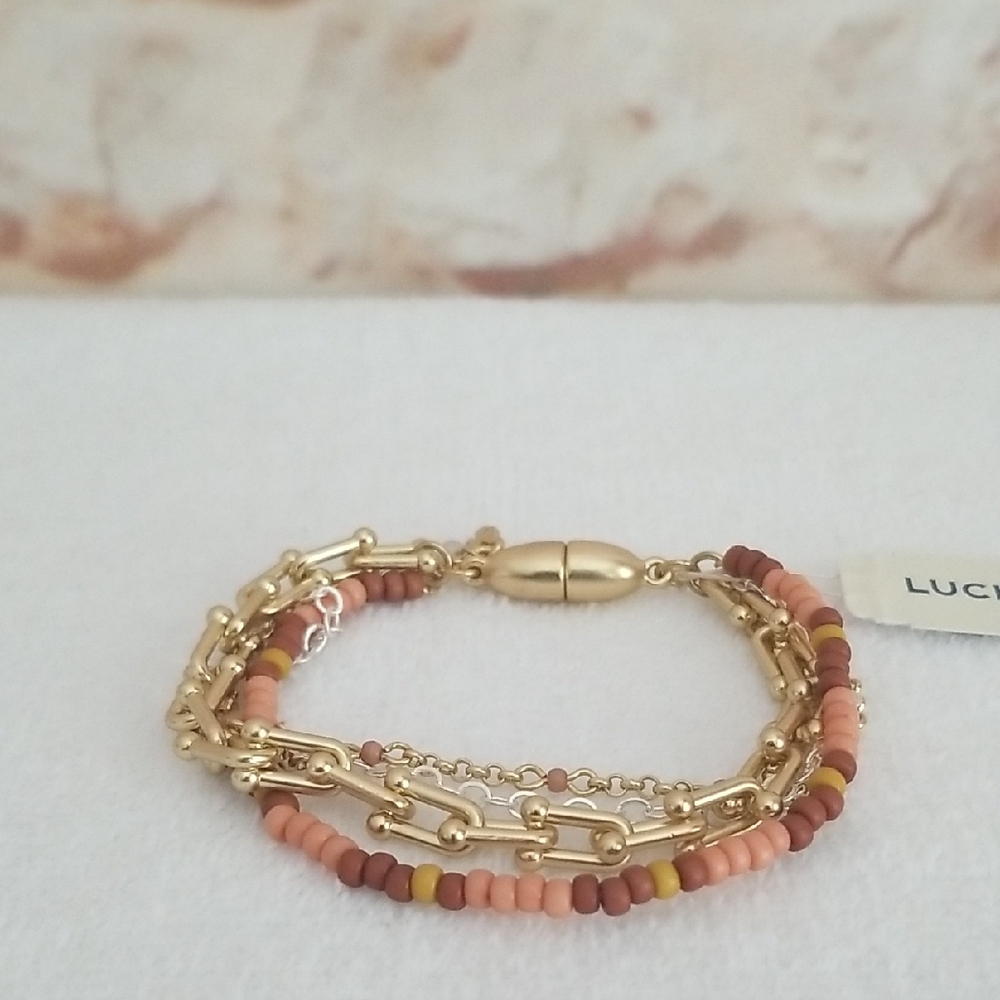 New Lucky Brand Two-Tone Beaded Multi-Row Bracelet